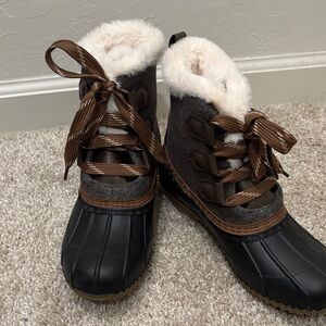Brown and Black Fur-Lined Duck Boots